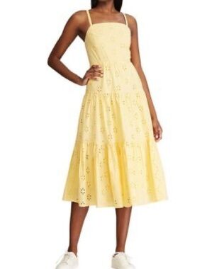 Chaps Yellow Eyelet Spaghetti-Strap Midi Dress